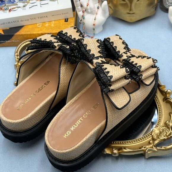 🆕 KG KURT GEIGER 🧿 NWOB Robbie Bow-Embellished Raffia Sandals, Black - Sz US 7 - Picture 12 of 16